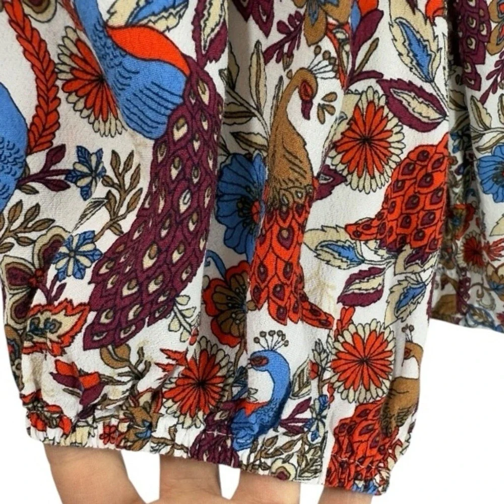 LOFT Womens Peacock Floral Ruffle Sleeve Henley Blouse Multicolor Top Size XL‎
